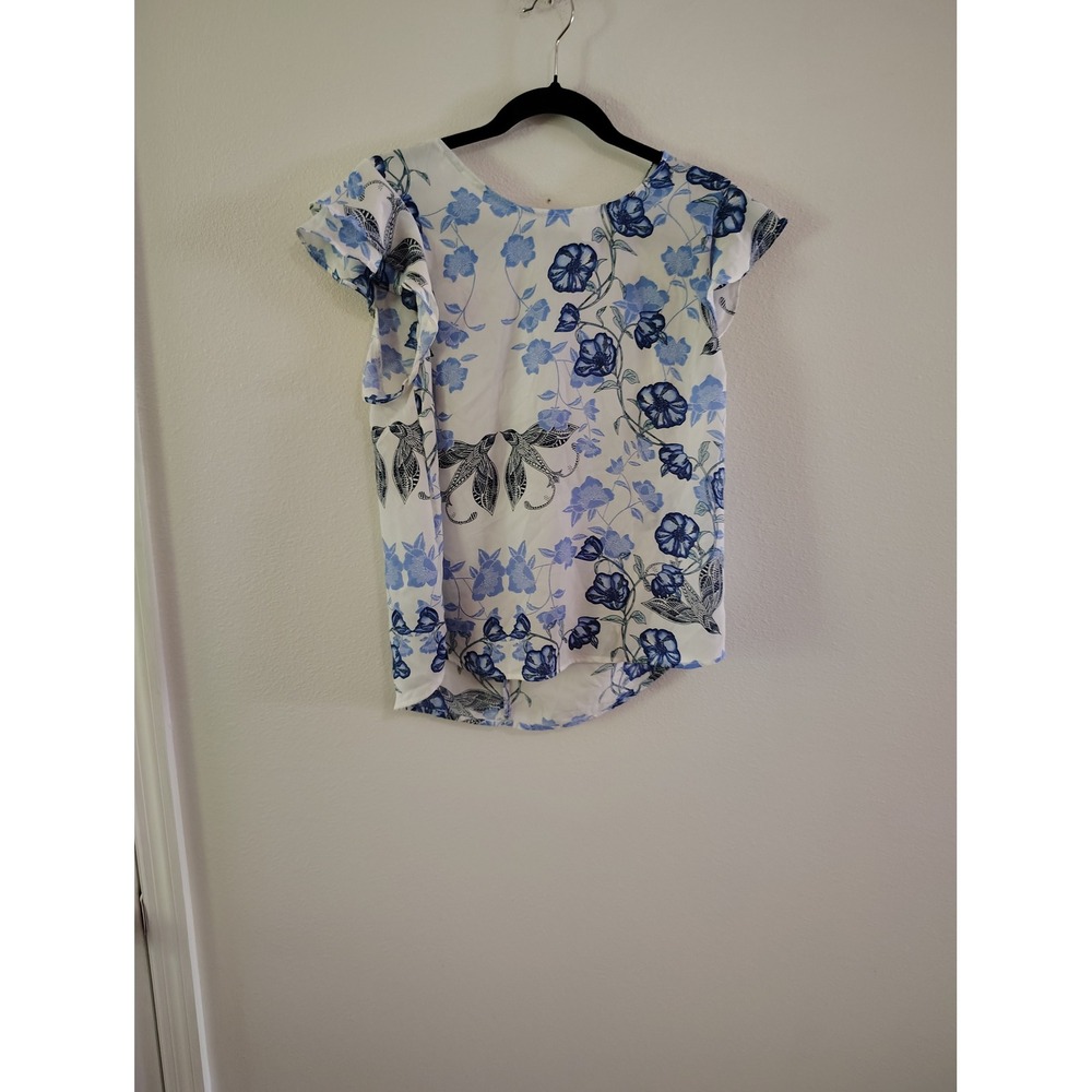 Twine & String Blue White Floral‎ Hummingbird Flutter Sleeve Blouse Top Large